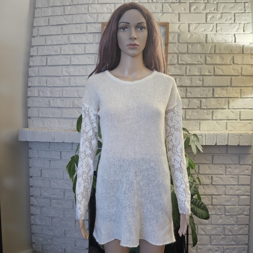Hotel Particulier Cream Mohair Wool Sweater Dress Top Lace Long Sleeves